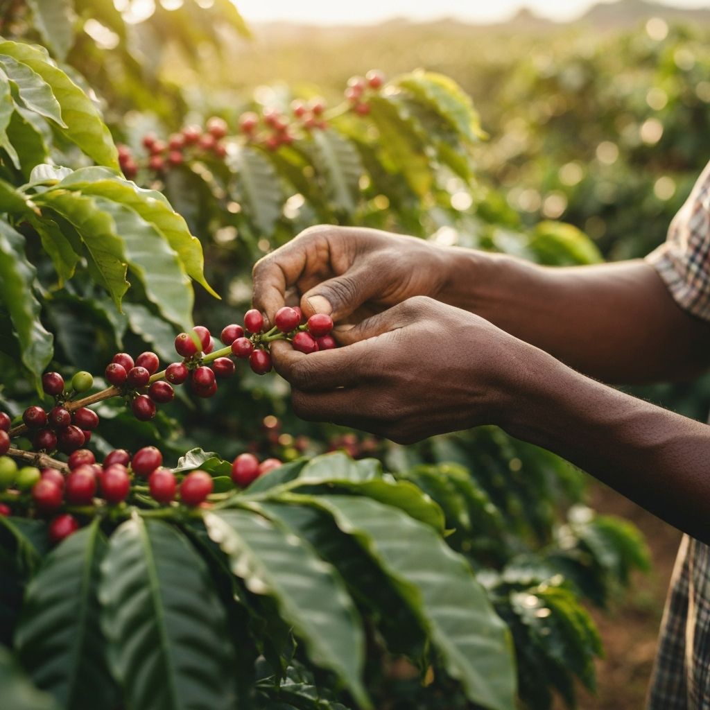 Kenyan coffee farmer hand-picking ripe coffee cherries in Kirinyaga